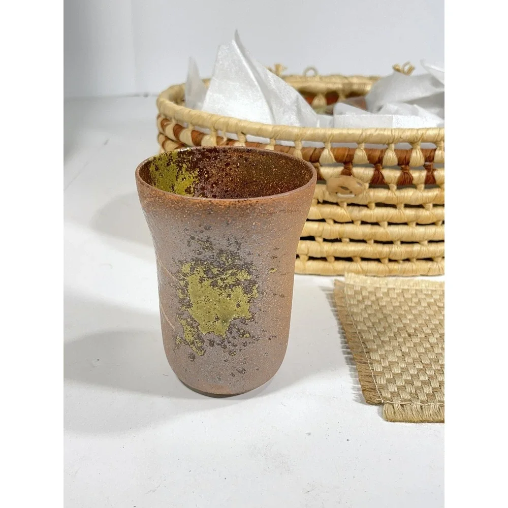 Asian Tea Sewing Basket + 5 Handmade Stoneware Teacups + Coasters vintage unique